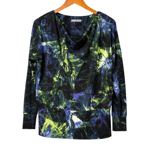 Issey Miyake Cowl Neck Blouse Top Artsy Abstract Slinky Knit Black Blue Size 2 - Picture 1 of 12